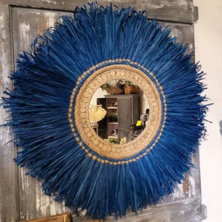miroir en raphia bleu avec déco boutons bois_80€